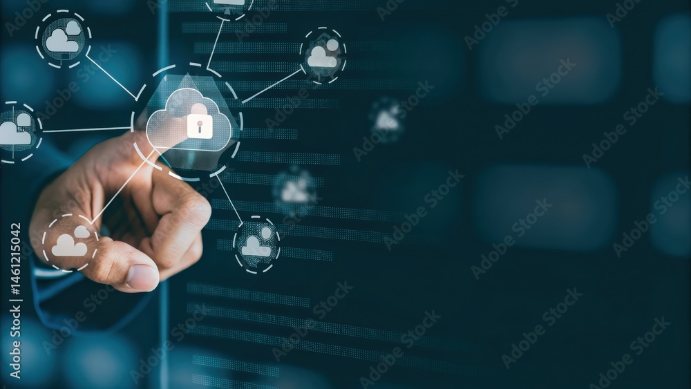 Digital security concept with a hand interacting with cloud symbols.