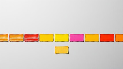 Wall Mural - A row of colorful sticky notes in warm tones arranged on a light gray background with one note below.