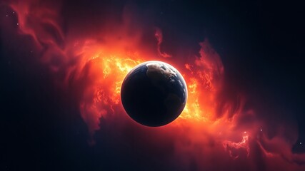 Wall Mural - a fiery red nebula dramatically surrounds a dark planet in the vast expanse of outer space, a cosmic