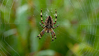 Macro nature close-up of a creepy hairy spider on its web