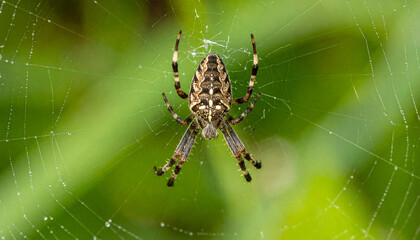 Macro nature close-up of a creepy hairy spider on its web