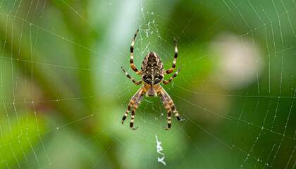 Macro nature close-up of a creepy hairy spider on its web
