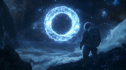 Wall Mural - Astronaut gazes at a luminous ring in a night sky.