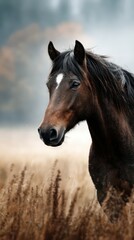 Naklejka na meble Majestic brown horse stands gracefully in a field of golden grass during early morning mist