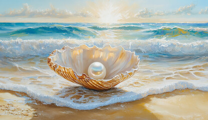 Wall Mural - beautiful white pearl is nestled in center of seashell on sandy beach, with gentle waves lapping at 