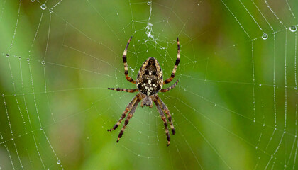 Macro nature close-up of a creepy hairy spider on its web