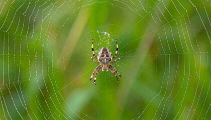 Macro nature close-up of a creepy hairy spider on its web