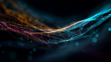 Futuristic Data Flow Illustration with Colorful Nodes on Dark Blue