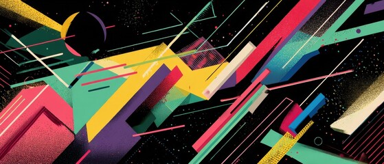 Poster - vibrant geometric abstract background with colorful shapes and lines in retro style, creating a dyna