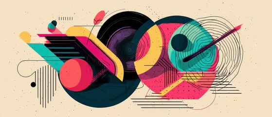 Poster - vibrant abstract geometric art with circles, lines, and bold colors in a retro modern style for crea