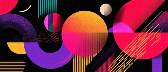 Poster - vibrant geometric shapes and lines on black background, abstract retro design with circles, semicirc