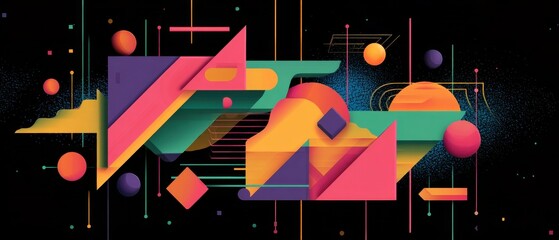 Poster - vibrant geometric abstract art with retro futuristic design on black background concept of modern gr