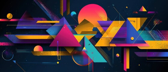 Poster - vibrant geometric abstract background with triangles, circles, and lines in a retro futuristic style