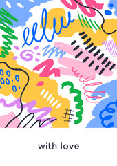 Leinwandbilder - Abstract card design. Doodle shapes, scribble elements pattern on postcard with love phrase. Creative blobs, random spots, colorful brushstrokes, modern style poster. Flat vector illustration