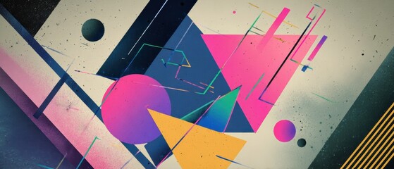 Poster - vibrant geometric shapes in retro 80s style, abstract background with triangles, circles, and lines 