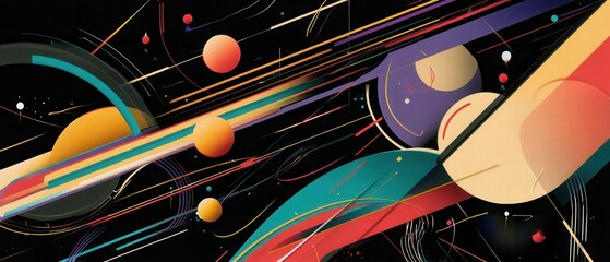 Wall Mural - abstract colorful cosmic background with planets, lines, and geometric shapes in retro style concept