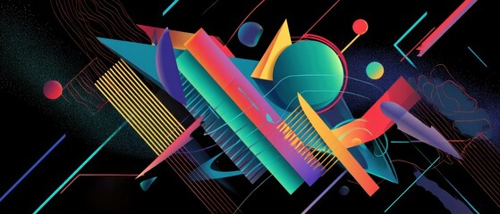 Wall Mural - Vibrant abstract geometric shapes on black background, dynamic colorful 3D design with modern and futuristic concept