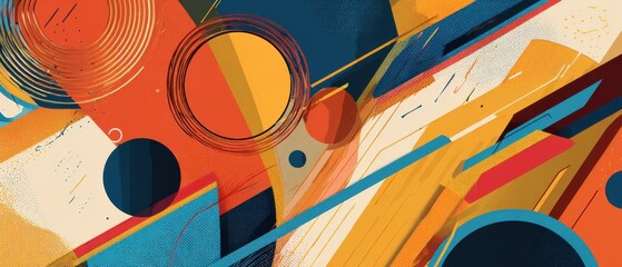 Poster - vibrant abstract geometric art with circles and lines in orange, blue, and yellow, creating a dynami