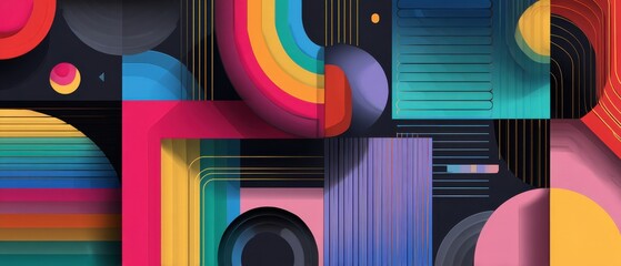 Poster - vibrant geometric shapes background with retro color palette and dynamic composition modern abstract