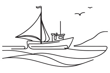 Fishing Boat on Sea Illustration Vector Graphic Drawing Design