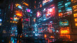 © AENI - Futuristic cityscape illuminated by vibrant digital displays.