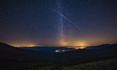 night sky spectacle: meteor streak across the milky way over mountain range