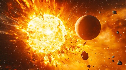 exploding star with fiery blast and nearby planet in deep outer space showing dramatic cosmic event