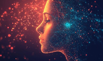 Wall Mural - digital portrait of a woman with glowing network connections and abstract patterns