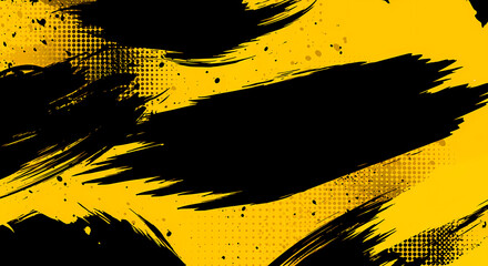 Wall Mural - Black and yellow abstract background with brushstroke and halftone style	
