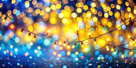 Vibrant abstract colorful lights create a mesmerizing bokeh effect against a blue and yellow festive celebration background, creative lighting design, decorative pattern