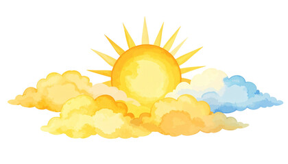 Wall Mural - bright sun rises above fluffy clouds, radiating warmth and light in beautiful watercolor style. scen