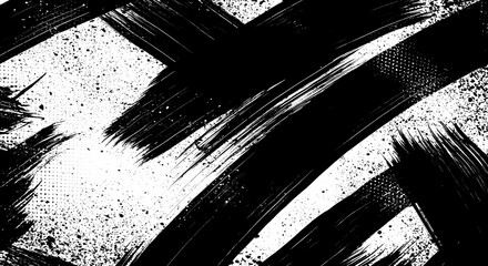 Wall Mural - Black and white abstract background with brushstroke and halftone style