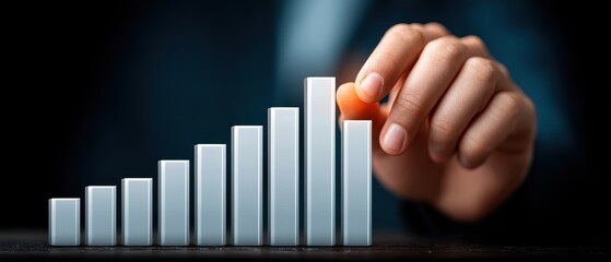 Poster - Hand Placing a Block on Top of Increasing Bar Graph Showing Growth and Success in Business