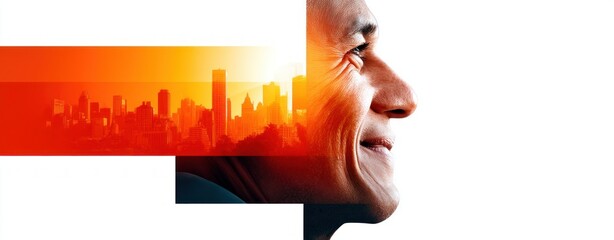 Fototapete - a man's profile silhouette overlaid with a vibrant cityscape at sunset this represents urban dreams 