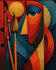 Aufkleber - Abstract Cubist Portrait with Paintbrushes and Musical Note Artistic Modern Artwork