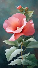 Aufkleber - Elegant Pink Hibiscus Flower Blooming in Garden with Green Leaves A Close Up Botanical Illustration