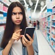 © Artsaba Family - A young woman in a denim shirt looks perplexed while using a phone in a supermarket aisle, seemingly comparing prices or reading reviews