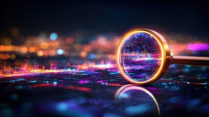 Wall Mural - a golden magnifying glass reflects a vibrant cityscape with abstract, neon lights and bokeh in a dar