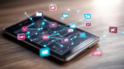 Wall Mural - smartphone displays floating network of interconnected digital icons representing data transfer and 