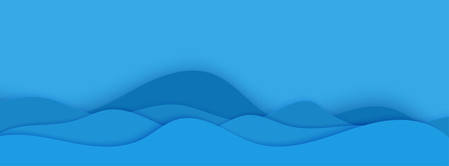 Wall Mural - Wavy border in paper cut style. 3d abstract background with cut out deep waves modern cover. Blue color layers with smooth shadow papercut art. Vector card illustration origami environment template