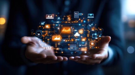 Wall Mural - person presenting illuminated holographic display of data icons representing cloud computing and dig