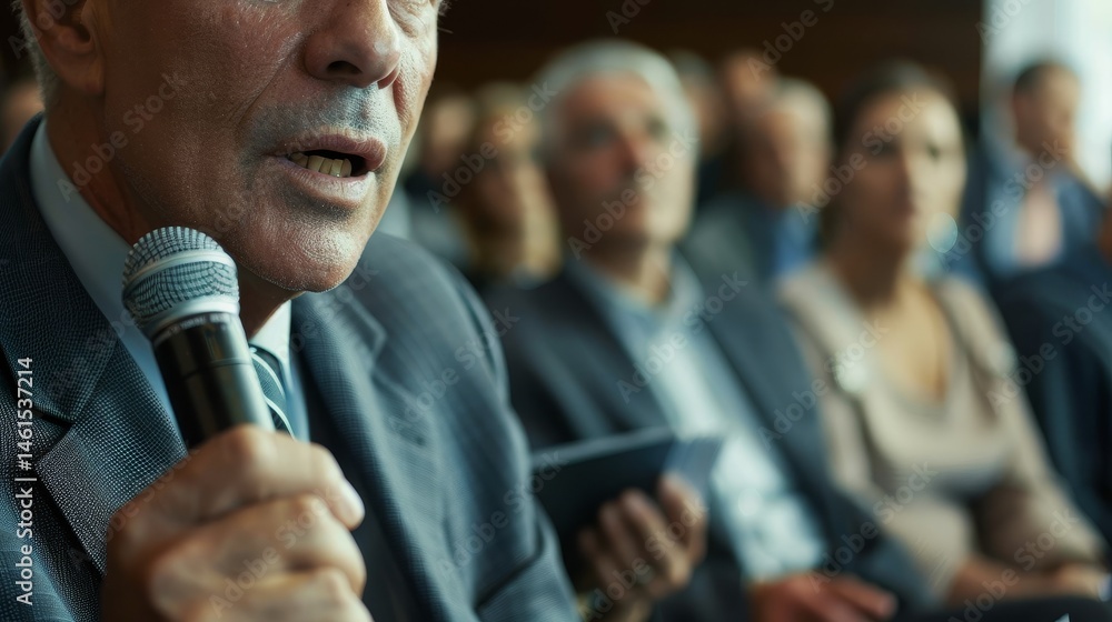 Serious Reporter Serious journalist holding microphone interviewing politician in formal ...
