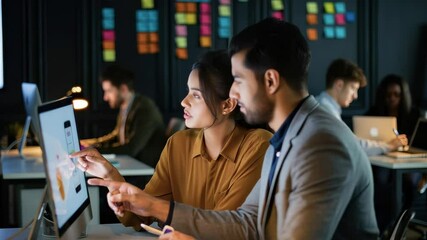 Two software developers are analyzing user interface design on a desktop computer, collaborating on a project in a busy office environment with sticky notes on the wall