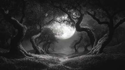 Wall Mural - a foreboding, dark forest under the light of a full moon