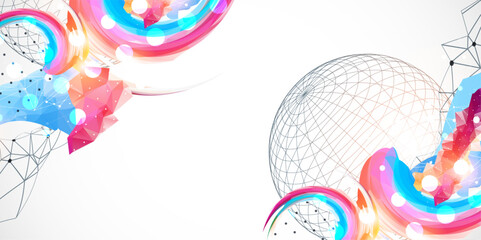 Leinwandbilder - Abstract artwork with colorful waves, polygonal shapes and wireframe shphere.