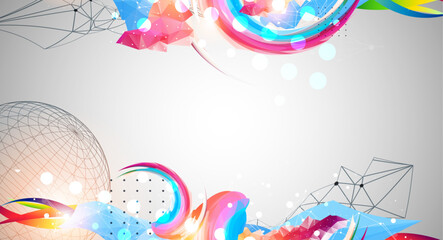 Leinwandbilder - Abstract artwork with colorful waves, polygonal shapes and wireframe shphere.