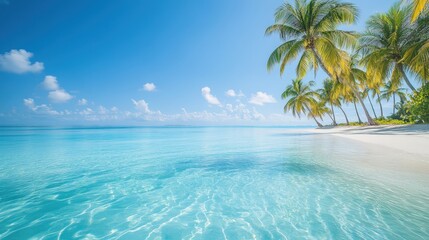 Wall Mural - a tropical paradise background with crystal-clear waters, palm trees swaying, and a bright blue sky 