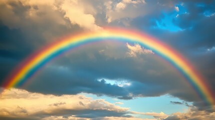 Wall Mural - a vibrant rainbow arching across a sky filled with scattered rain clouds