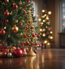 Wall Mural - Ornate Christmas tree, vibrant baubles, soft bokeh lights , background, texture, tree