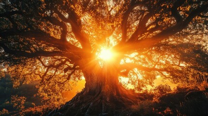 Wall Mural - a warm, glowing sun seen through the branches of a giant ancient tree at sunset